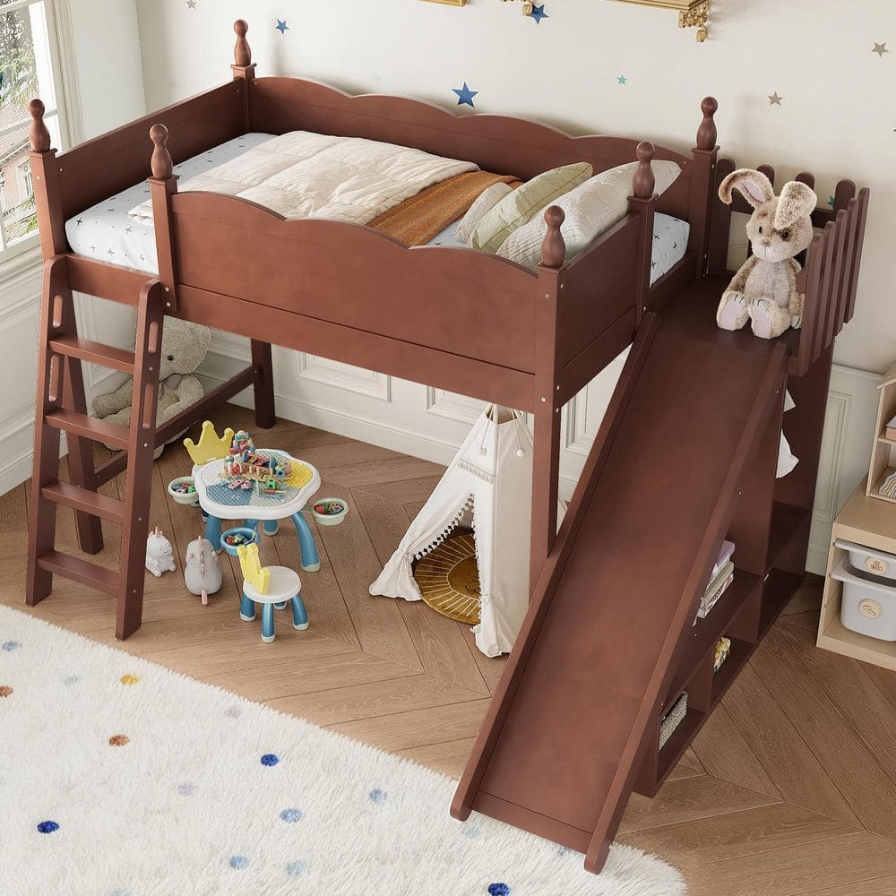 Deep Natural Color Twin Solid Wood Loft Bed with Storage Shelves, Wardrobe, Detachable Slide and Ladders