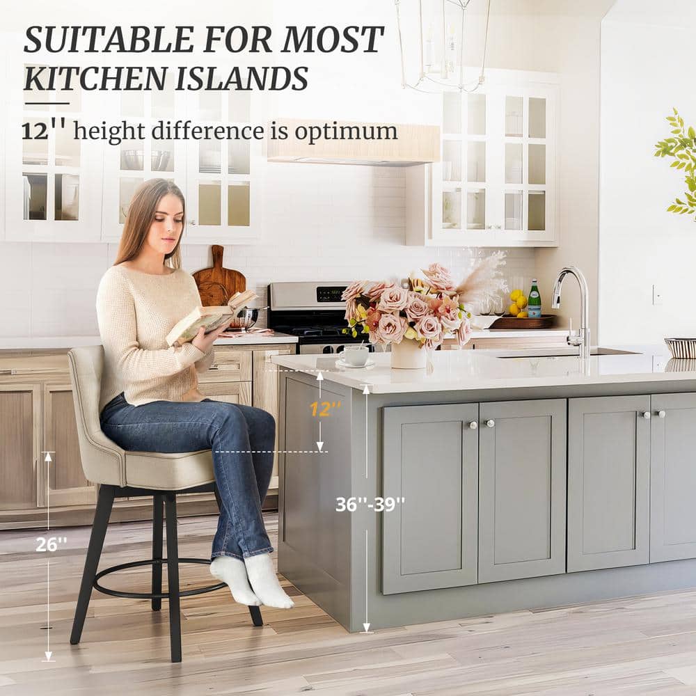 Beige Linen Upholstered Swivel Counter Stool with Solid Wood Frame