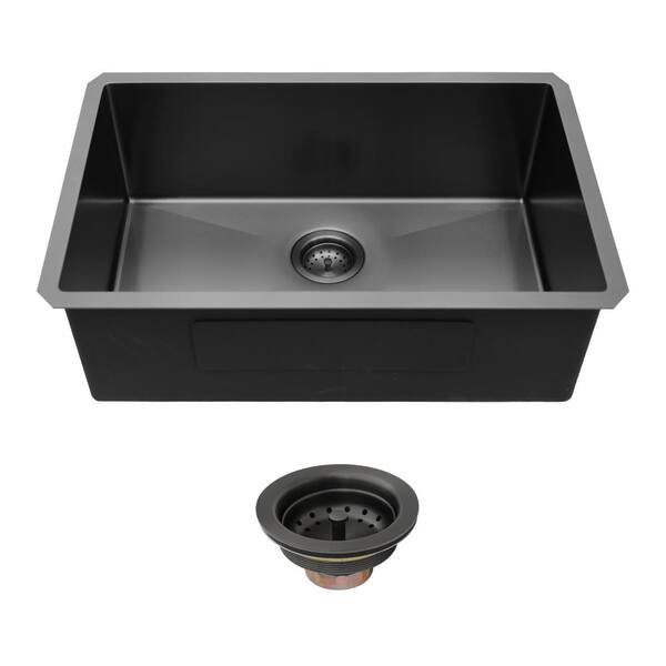 Gunmetal Black Kitchen Sink, 30"x18"x9" Undermount Single Bowl Basin, 16 Gauge Stainless Steel