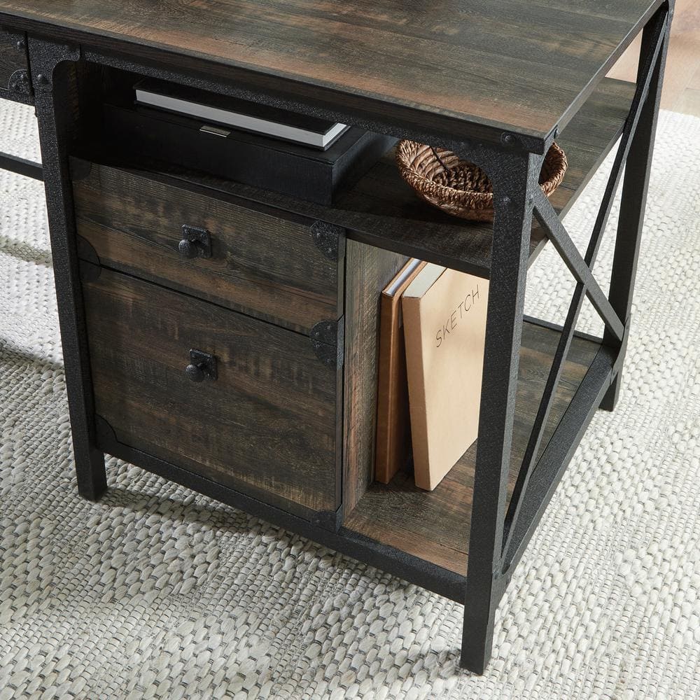 Brown Wood Computer Desk with Drawer and Filing Cabinet