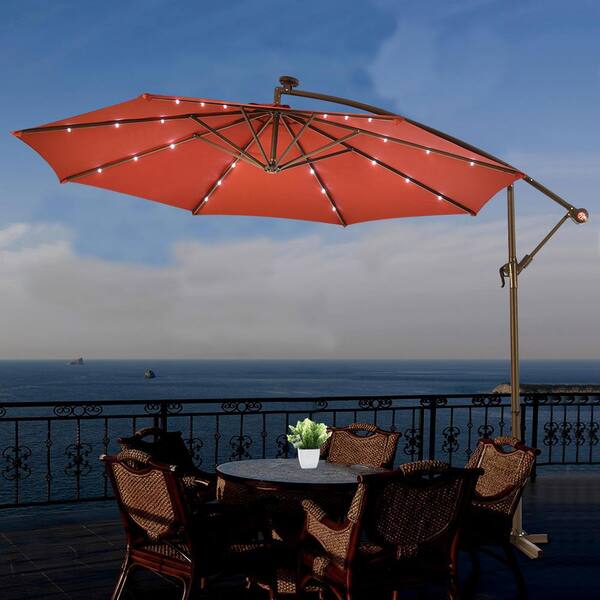 10 ft. Steel Cantilever Solar Tilt Patio Umbrella with LED Lights and Cross Base in Orange