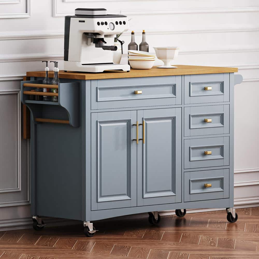 OLUMAT Gray Blue Wood 52 in. W Kitchen Island with Drop Leaf