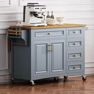 Gray Blue Wood 52 in. W Kitchen Island with Drop Leaf, Spice Rack, 2-Doors and 5-Drawers