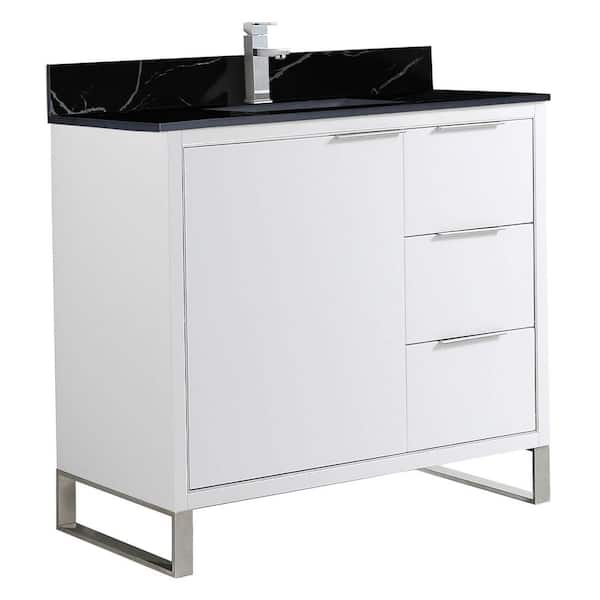 FINE FIXTURES Opulence 36 in. W x 18 in. D x 33.5 in. H Bath Vanity in White Matte with Black Marble Single sink Top