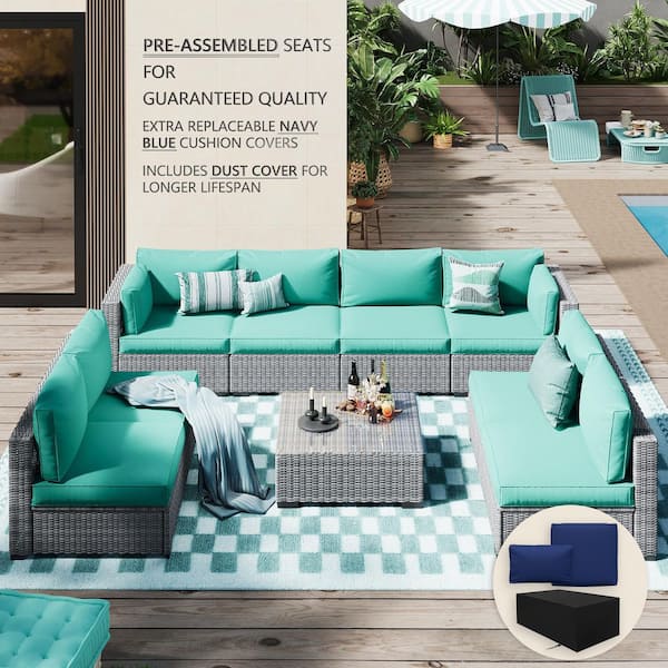Hav Rattan 9p Stabenton 9-Piece Rattan Wicker Outdoor Patio Conversation Sofa Seating ...