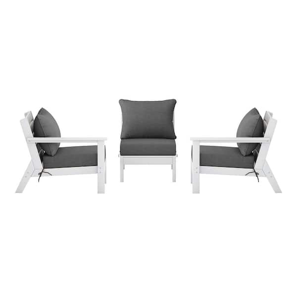WESTIN OUTDOOR Birchwood White Arrangeable 3-Piece HDPE Deep Seating Outdoor Patio Conversation Sofa Arm Chair Set w/ Gray Cushions