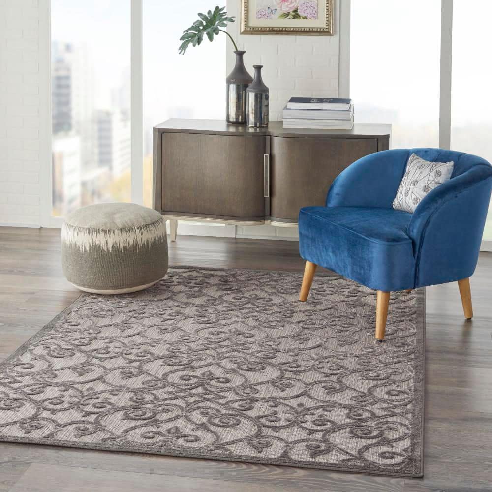 Aloha Floral Grey Charcoal Round 43" Synthetic Outdoor Rug