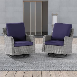 2-Piece Patio Furniture Conversation Set Gray Wicker Outdoor Rocking Chair Swiveling Set with Thick Cushion, Navy Blue