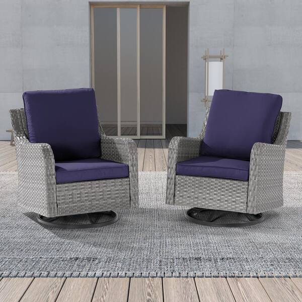 JOYESERY 2-Piece Patio Furniture Conversation Set Gray Wicker Outdoor Rocking Chair Swiveling Set with Thick Cushion, Navy Blue