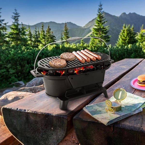 MegaChef Oval Cast Iron Portable Hibachi Grill for Outdoor Use and