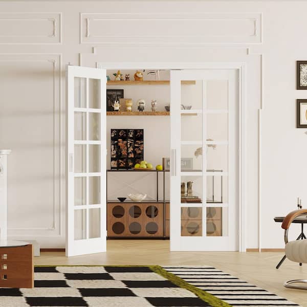 64in. x 80in. Solid Wood & MDF, 15 Lite, Clear Glass, White, Pantry Door, Interior Door Slab W/ Ball Catch and Top Latch