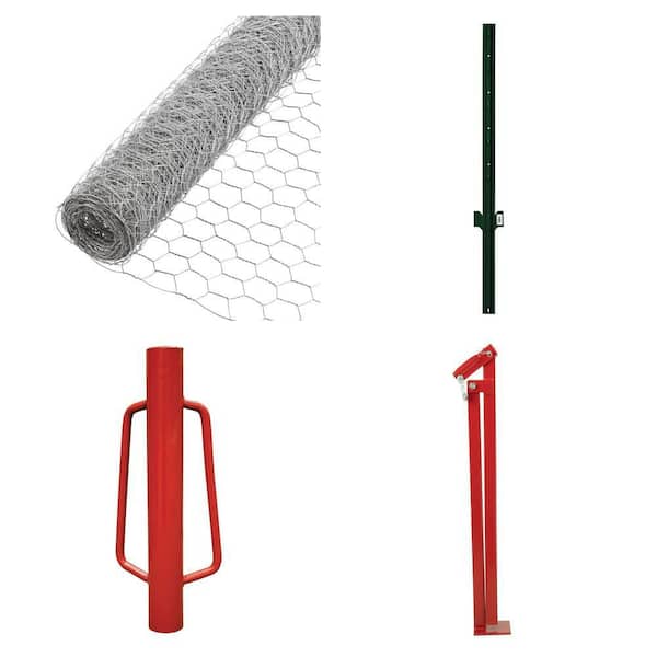 1 in. Mesh 3 ft. x 50 ft. Poultry Netting, Green Steel U Post, Metal Post Driver and T-Post Fence Puller Combo