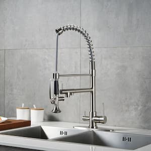 Double-Handles Pull Down Sprayer Kitchen Faucet with Drinking Water for 1 or 3 Hole in Solid Brass in Brushed Nickel