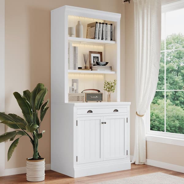 Harper & Bright Designs 83.4 in. Tall White Wood Accent Standard Bookcase with Adjustable Shelf, Doors, Storage Drawer, LED Light