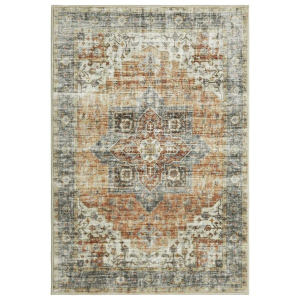 Garvee Taupe 5 ft. x 7 ft. Washable Distressed Floral Vintage Persian Area Rug