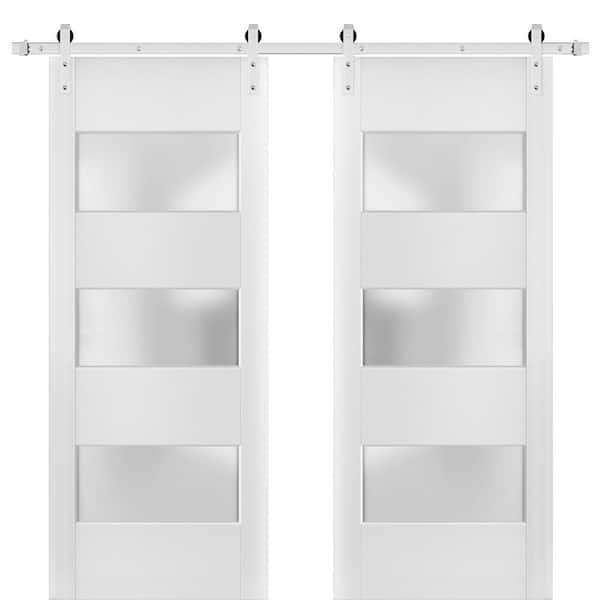 32 in. x 96 in. 2 Panel Frosted Glass White Solid Wood Sliding Barn Door with Hardware Kit