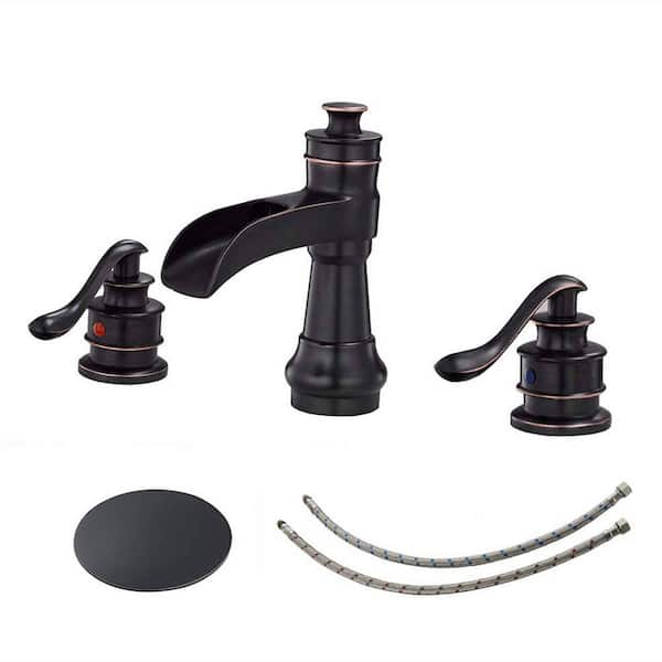 Unbranded 8 in. Widespread Waterfall Double Handle Bathroom Faucet with Drain Assembly Brass Bathroom Taps in Oil Rubbed Bronze