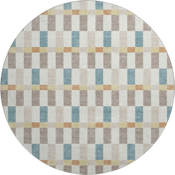 Mayfield Premium Machine Washable Abstract AMF2548 Ivory 8 ft. x 8 ft. Round Rug