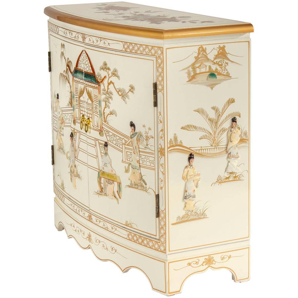 White Lacquer Hall Cabinet with Hand-Carved Mother-of-Pearl Ladies