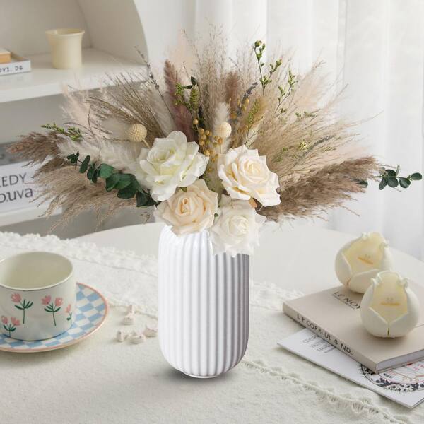 17 in. Brown White Artificial Plant Set Pampas Grass Rose