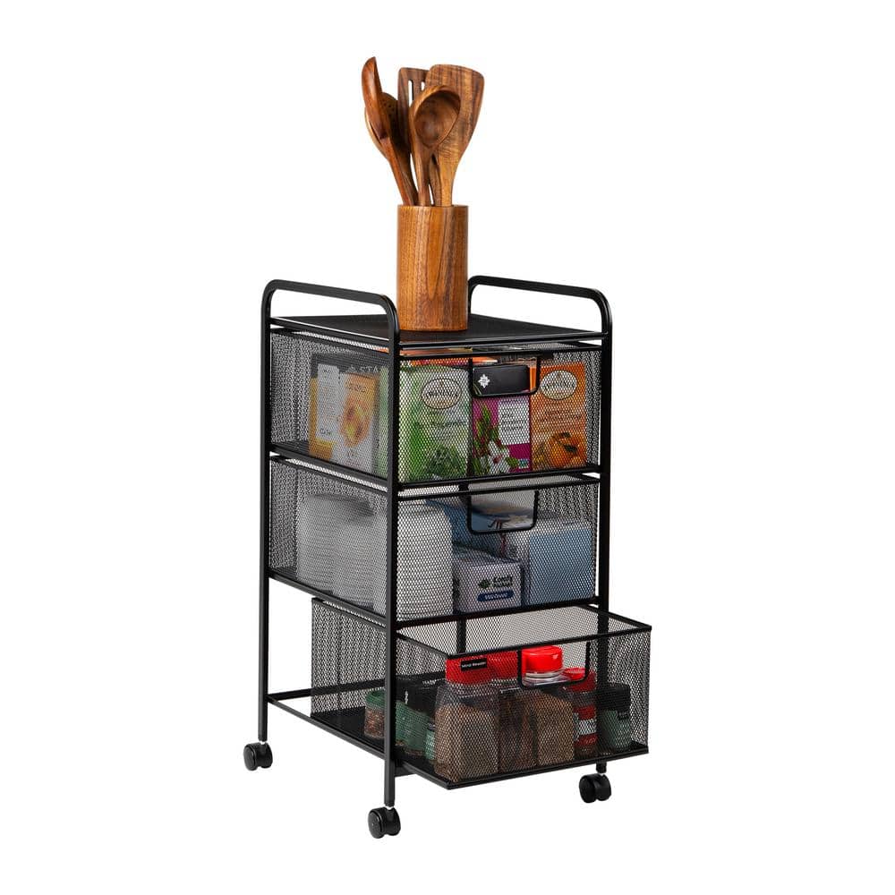 Black Metal Mesh 3-Drawer Rolling Storage Trolley