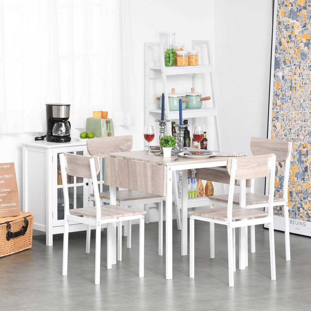 White and Light Brown Drop-Leaf Dining Table Set with 4 Chairs