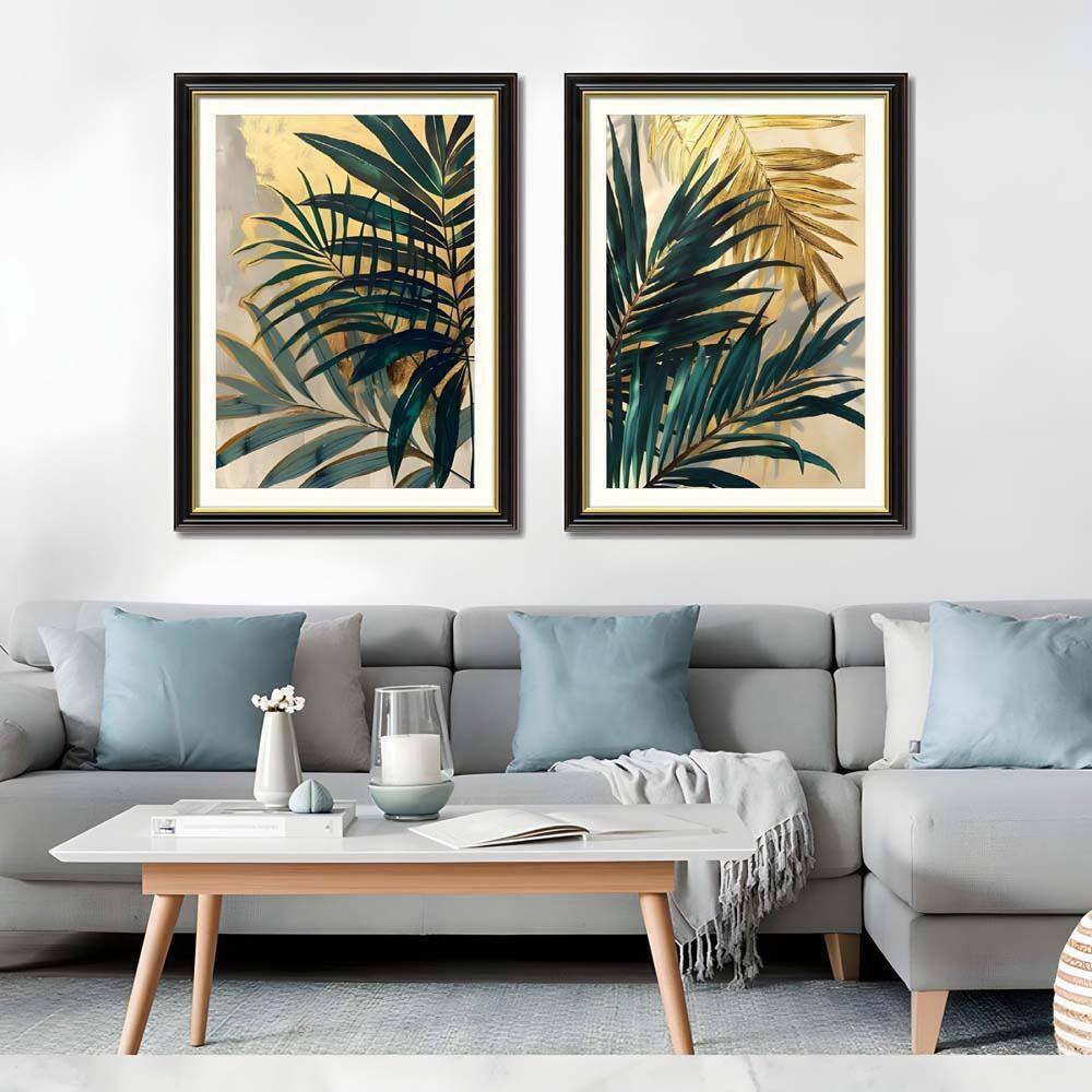 Framed Wall Art 24 in. x 32 in, Set of 2 Tropical Palm Leaf Framed Wall ...