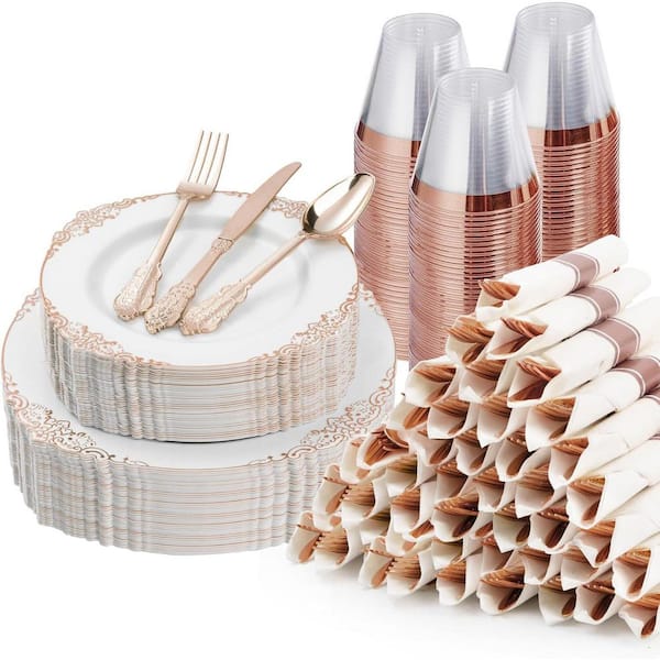 Rose Gold Disposable Plastic Dinnerware Set for 50-Guests (350-Pieces)