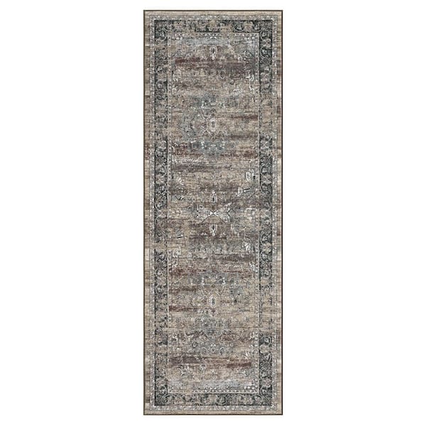 Garvee Dark Brown 2 ft. x 6 ft. Medallion Pattern Short Pile Indoor Area Rug