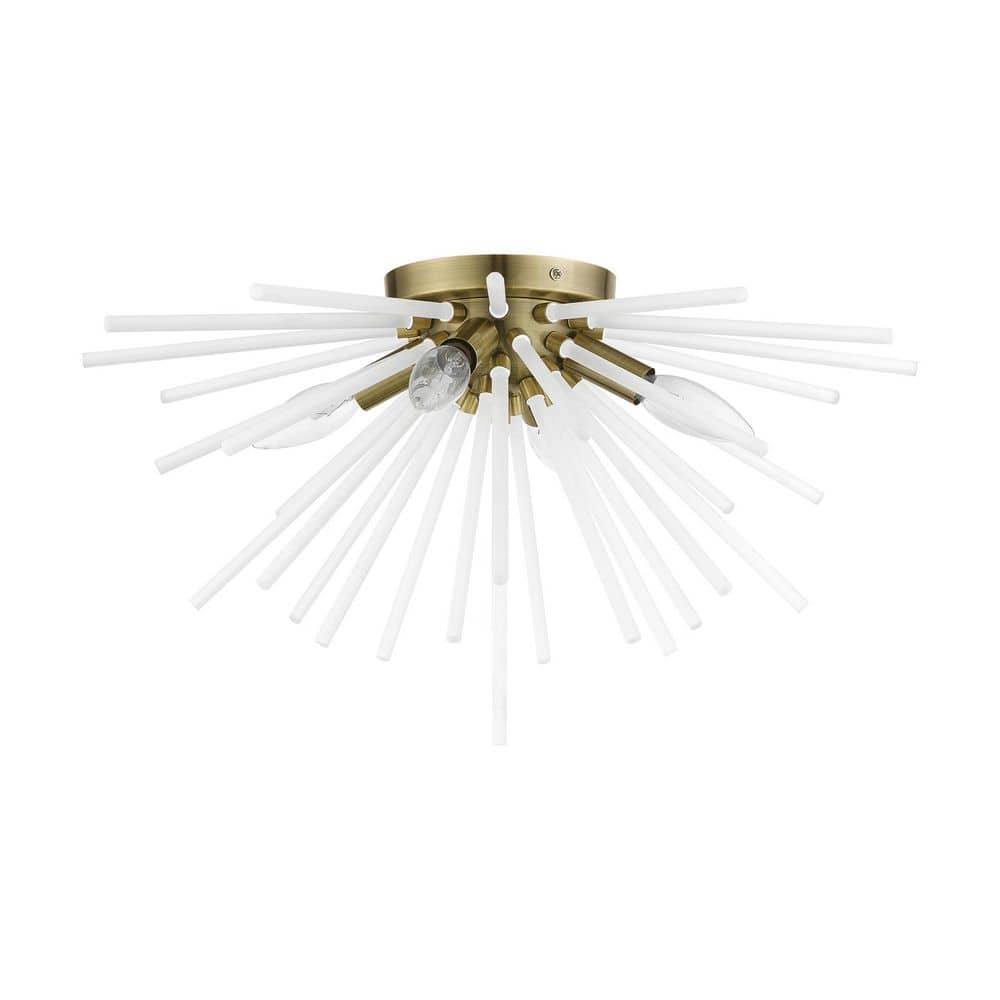 Elegant Uptown Antique Brass 4-Light Flush Mount with Acid Etched Rods