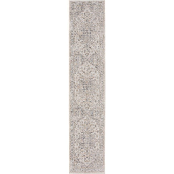 Nourison Astra Machine Washable Silver Grey 2 ft. x 6 ft. Distressed Traditional Runner Area Rug