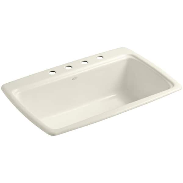 KOHLER Cape Dory Drop-In Cast-Iron 33 in. 4-Hole Single Bowl Kitchen Sink in Biscuit