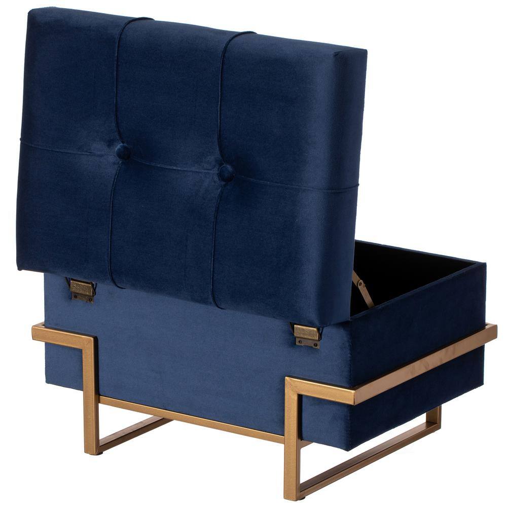 Blue Velvet Rectangular Ottoman with Golden Abstract Legs and Storage