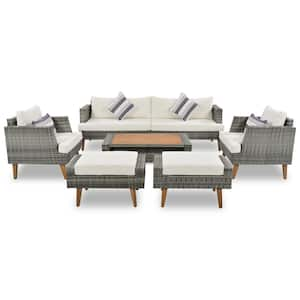 6-Piece Gray Wicker Patio Conversation Set with Beige Cushions and Pillows