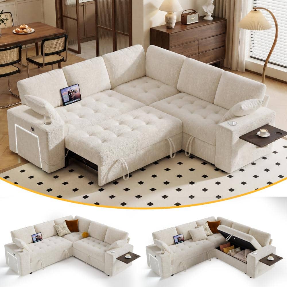 85" 5-Seat Beige Sleeper Sofa Bed with Pull out Bed,L Shaped Modular Sectional Couch for Living Room,Tool-Free Assembly