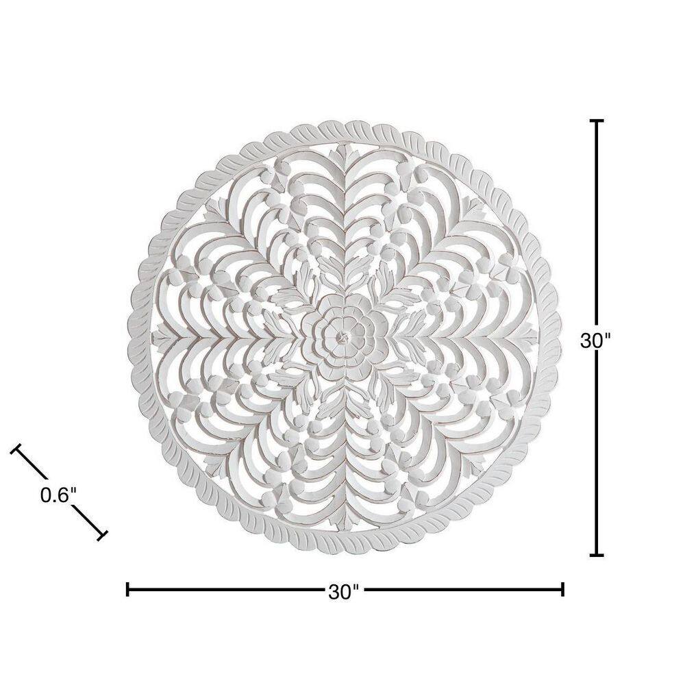 Lottie White Round Wood Bohemian Wall Medallion, 30-Inches