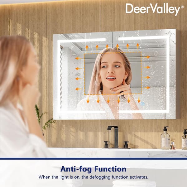 DEERVALLEY 48 in. W x 32 in. H Rectangular Silver Aluminum Surface LED Light Medicine Cabinet with Mirror, Anti-Fog, Double Doors