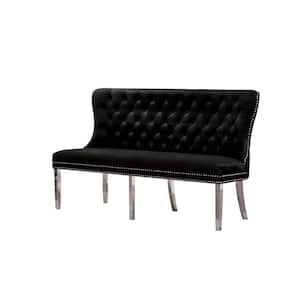 Alina Black Velvet Stainless Steel Leg Bench with Nail head Trim and Tufted Buttons. 65 in. L x 25 in. W x 40 in. H