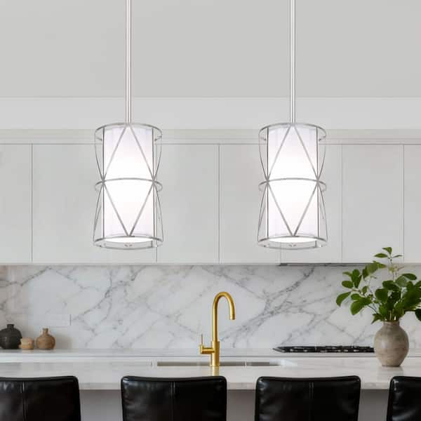 1-Light Nickel Modern Drum Pendant Light with White Fabric Shade (Set of 2)