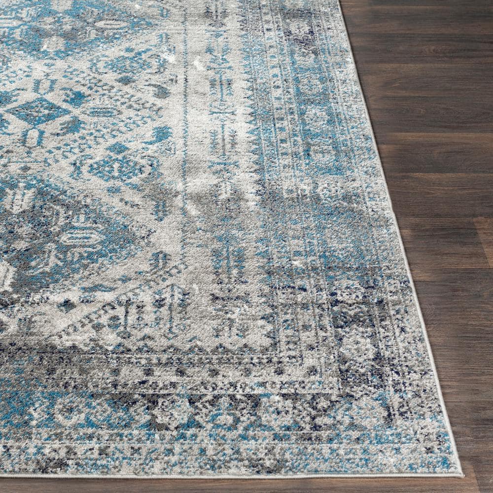 Blue and Grey Rectangular Stain-Resistant Synthetic Area Rug