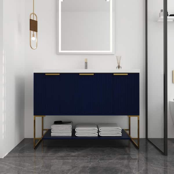 FAMYYT 48 in. W x 18.1 in. D x 35 in. H Single Sink Freestanding Bath Vanity in Navy Blue with White Resin Top