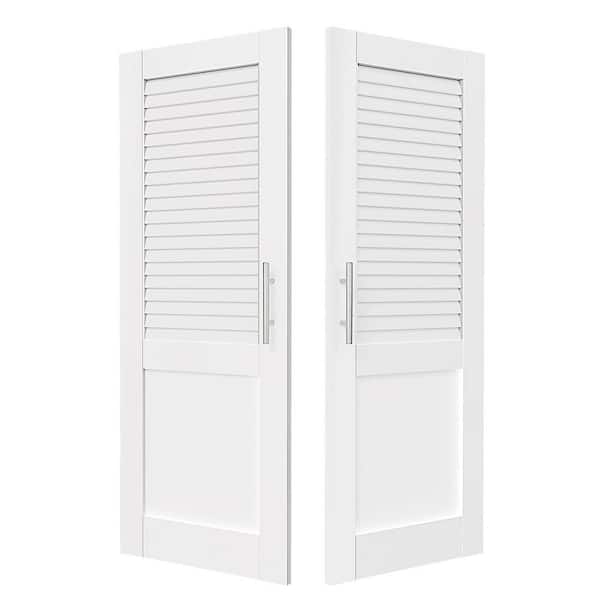 64in. x 80in. Solid Wood and MDF, Half Louvered Panel, White Pantry Door, Interior Door Slab w/ Ball Catch & Top Latch