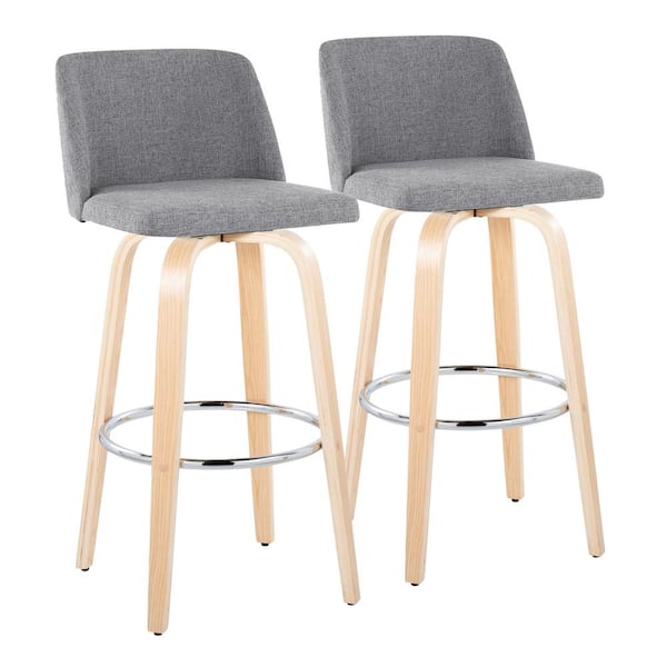 Lumisource Toriano 29.5 in. Grey Fabric, Natual Wood and Chrome Metal Fixed-Height Bar Stool (Set of 2)