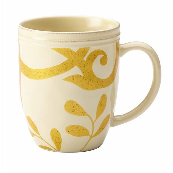 Rachael Ray Dinnerware Gold Scroll 12 oz. Stoneware Beverage Mug in Almond Cream