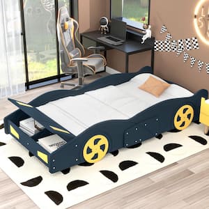 Dark Blue Wood Frame Twin Size Race Car-Shaped Platform Bed with Yellow Wheels and Storage