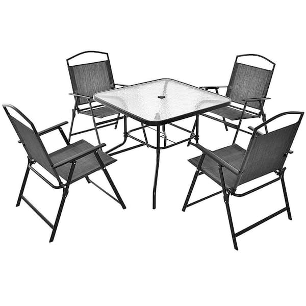 Costway 5-Piece Outdoor Dining Set for 4 Folding Chairs and Dining Table Set with Umbrella Hole
