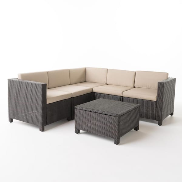 Noble House Puerta Dark Brown 6-Piece Wicker Outdoor Patio Sectional Set with Beige Cushions