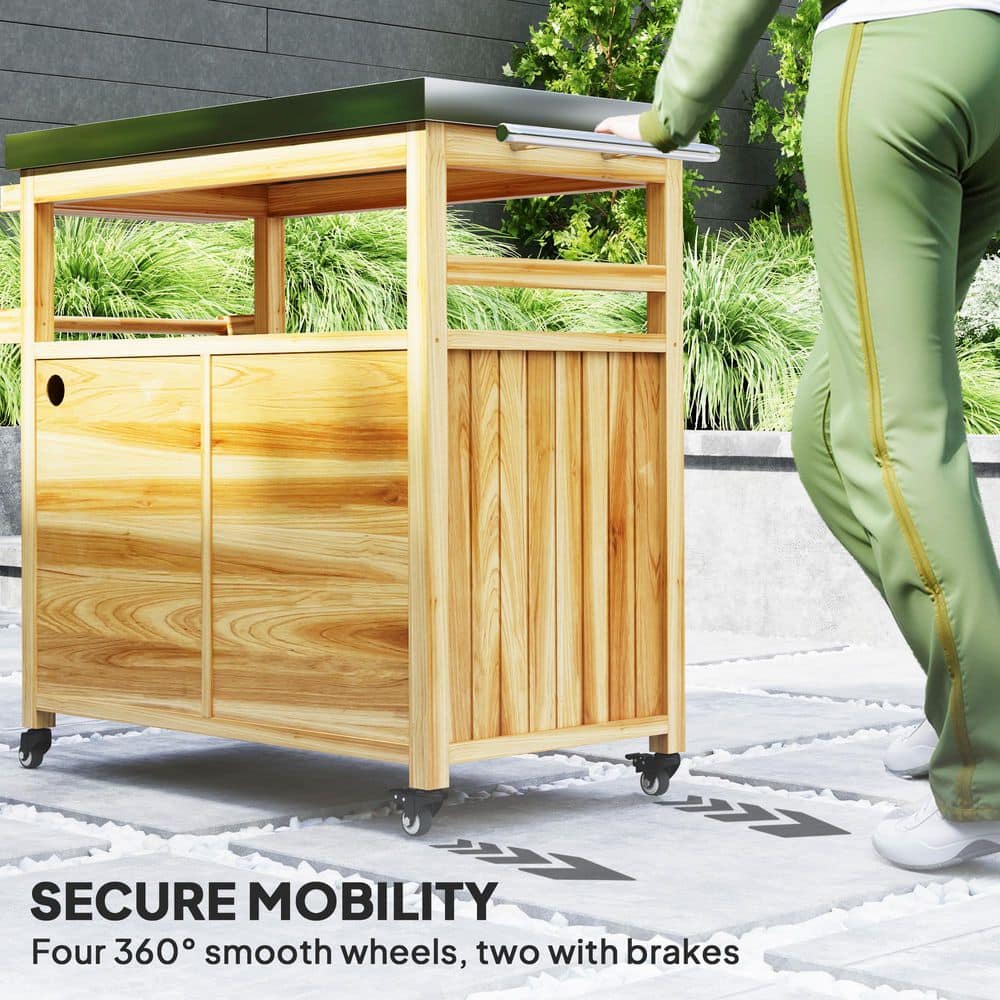 Natural Wood Outdoor Grill Cart with Stainless Steel Top and Storage