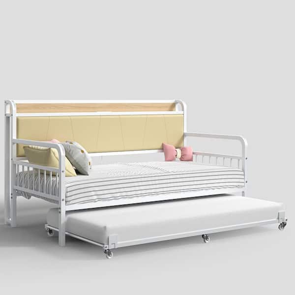 Twin Daybed with USB Ports and Outlets, White Metal Sofa Daybed Frame with Trundle, Multi-Functional Guest Bed