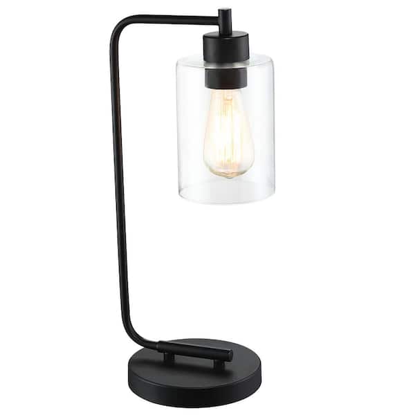 Pia Ricco 19 in. 1-Light Matte Black Table Lamp with Clear Glass Shade